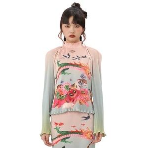 Chic Multicolor Dragon Print three-piece set Top，Skirt and shawl